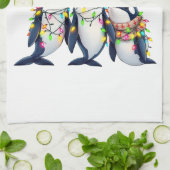 クリスマスサンタハットを着た3頭のクジラ キッチンタオル (折り畳み)