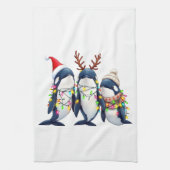 クリスマスサンタハットを着た3頭のクジラ キッチンタオル (縦)