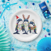 クリスマスサンタハットを着た3頭のクジラ ペーパープレート (パーティー)