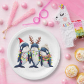 クリスマスサンタハットを着た3頭のクジラ ペーパープレート (パーティー)