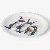 クリスマスサンタハットを着た3頭のクジラ ペーパープレート (アングル)