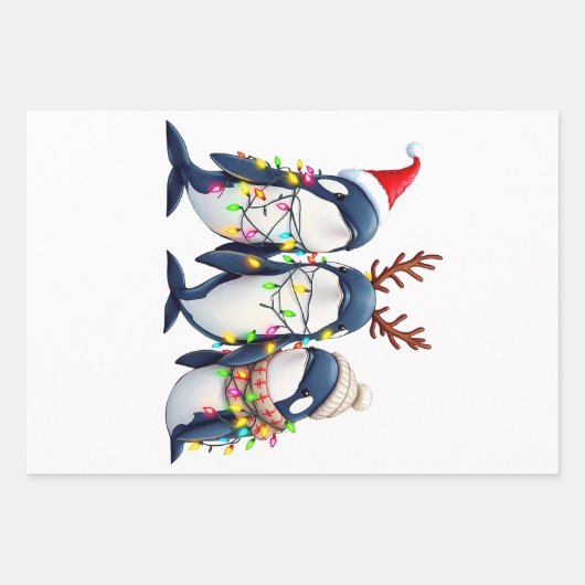 クリスマスサンタハットを着た3頭のクジラ ラッピングペーパーシート (正面)