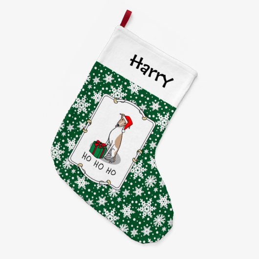 クリスマスサンタハットウィペット犬の子犬と白かわいい ラージクリスマスストッキング (正面 (吊り時))