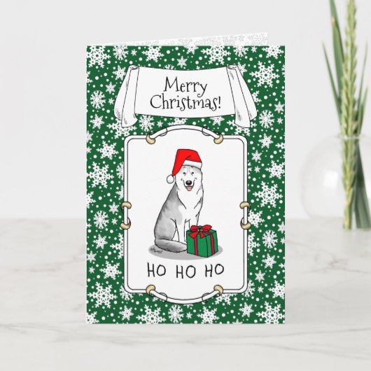 クリスマスサンタハットシベリアのハスキー(銀)かわいい カード (正面)