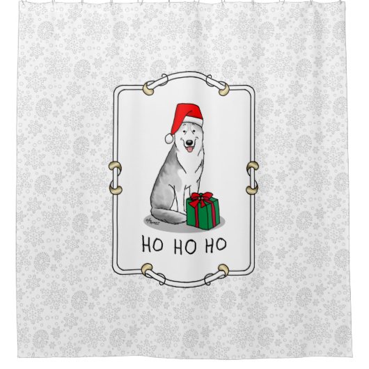 クリスマスサンタハットシベリアのハスキー（銀）かわいい シャワーカーテン (正面)