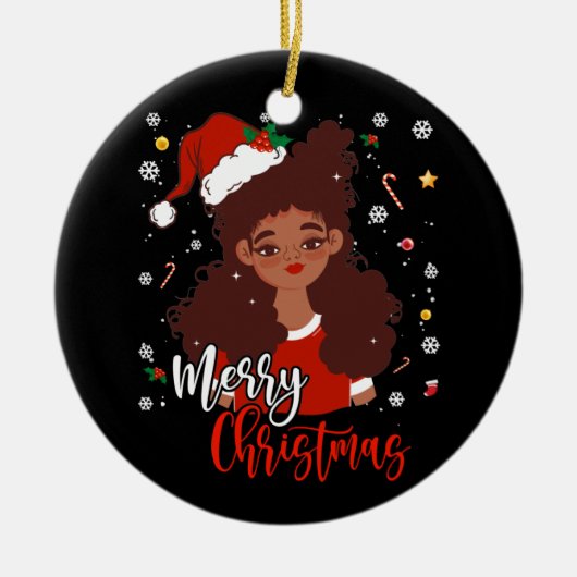 クリスマスサンタハットシャツブラックアフリカンアメリカン セラミックオーナメント (正面)