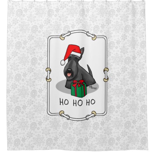 クリスマスサンタハットスコティッシュテリア（黒）かわいい シャワーカーテン (正面)