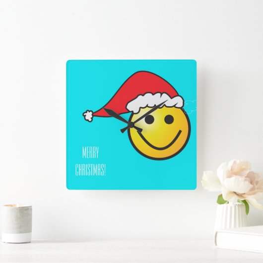 クリスマスサンタハットターコイズハッピークロック スクエア壁時計 (ホーム)