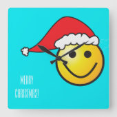 クリスマスサンタハットターコイズハッピークロック スクエア壁時計 (正面)