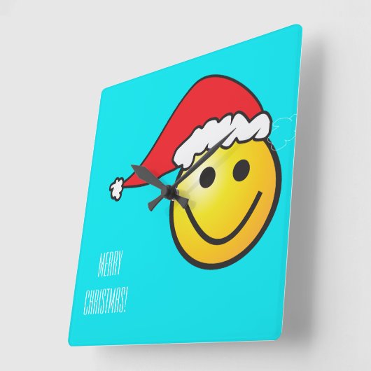 クリスマスサンタハットターコイズハッピークロック スクエア壁時計 (傾斜)