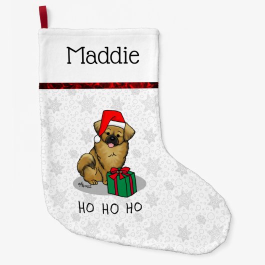 クリスマスサンタハットチベット語スパニエル犬（ブラウン）かわいい ラージクリスマスストッキング (正面)