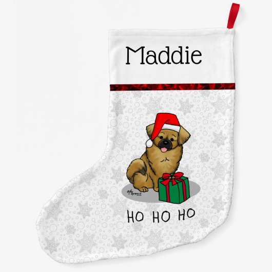 クリスマスサンタハットチベット語スパニエル犬（ブラウン）かわいい ラージクリスマスストッキング (裏面)
