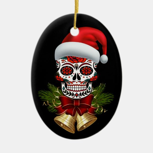 クリスマスサンタハットデイオブザデッドシュガースカル セラミックオーナメント (正面)