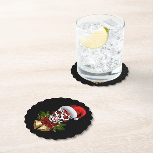 クリスマスサンタハットデイオブザデッドシュガースカル ペーパーコースター (インサイチュ)
