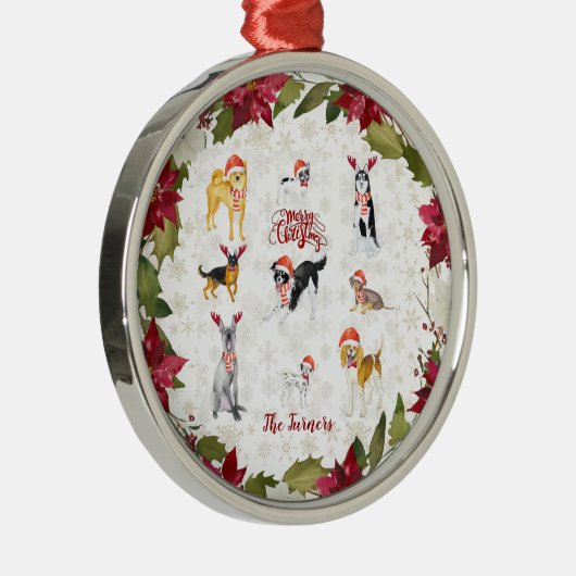 クリスマスサンタハットドッグズポインセチアのモノグラム メタルオーナメント (右)
