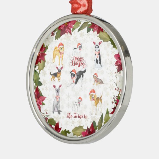 クリスマスサンタハットドッグズポインセチアのモノグラム メタルオーナメント (左)