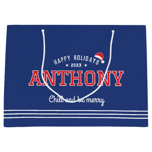 クリスマスサンタハットネームタイポグラフィネイビーブルーレッド ラージペーパーバッグ (正面)