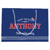 クリスマスサンタハットネームタイポグラフィネイビーブルーレッド ラージペーパーバッグ (裏面)