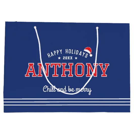 クリスマスサンタハットネームタイポグラフィネイビーブルーレッド ラージペーパーバッグ (裏面)