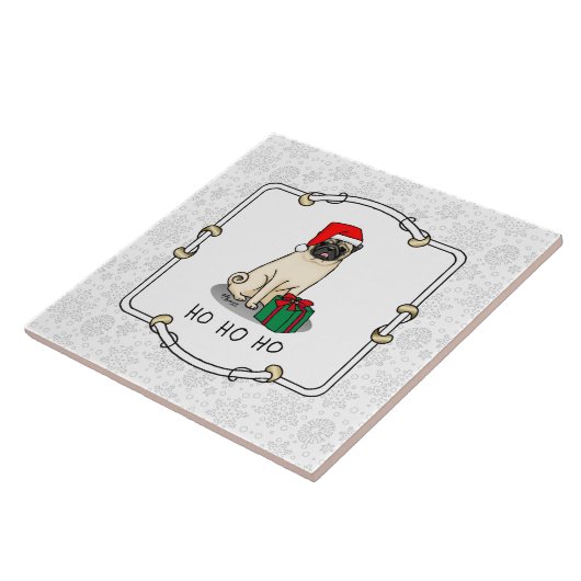 クリスマスサンタハットパグドッグ（薄茶色）かわいい タイル (側面)