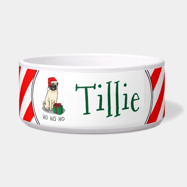 クリスマスサンタハットパグドッグ（薄茶色）かわいい ボウル (正面)