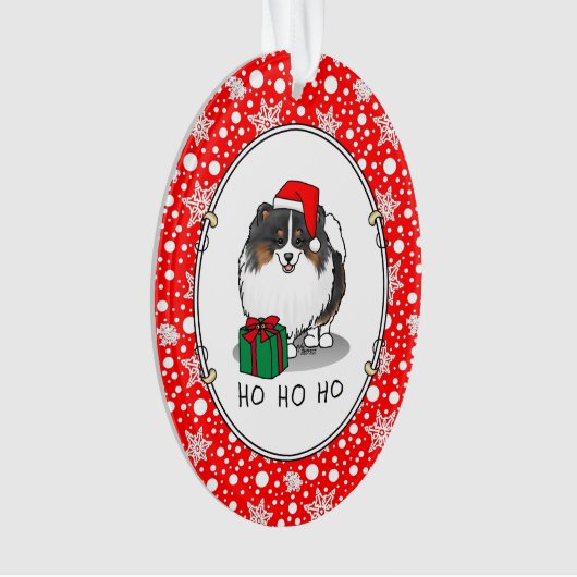 クリスマスサンタハットポメラニア犬(トライカラー)かわいい オーナメント (正面)