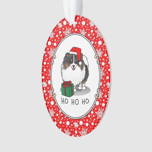 クリスマスサンタハットポメラニア犬(トライカラー)かわいい オーナメント (正面)