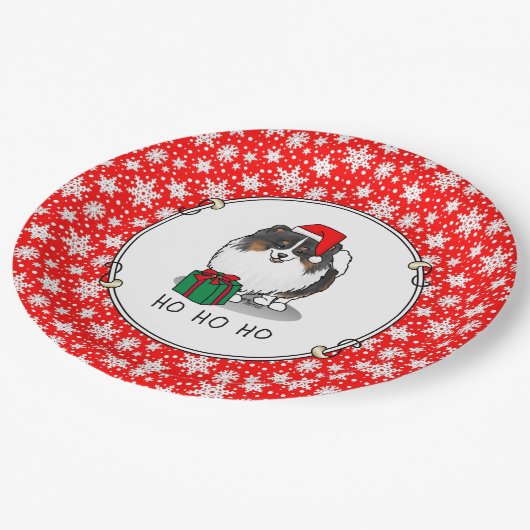 クリスマスサンタハットポメラニア犬（トライカラー）かわいい ペーパープレート (アングル)