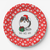 クリスマスサンタハットポメラニア犬（トライカラー）かわいい ペーパープレート (正面)