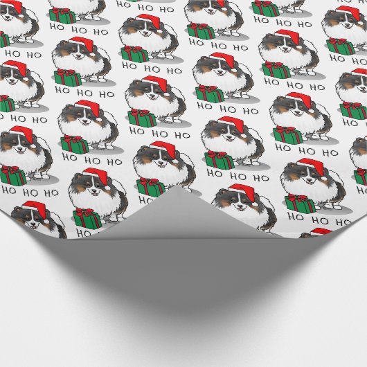 クリスマスサンタハットポメラニア犬（トライカラー）かわいい ラッピングペーパー (コーナー)