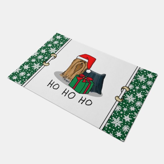 クリスマスサンタハットヨークシャーテリアーヨークシャーテリアかわいい ドアマット (アングル)