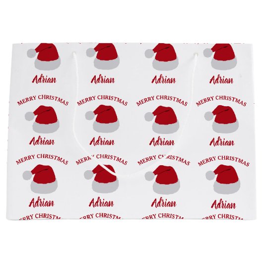 クリスマスサンタハット&名前をカスタムするパターン ラージペーパーバッグ (正面)