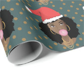 クリスマスサンタハット、黒人女性、ガム、星、ティール（緑がかった色） ラッピングペーパー (ロールコーナー)