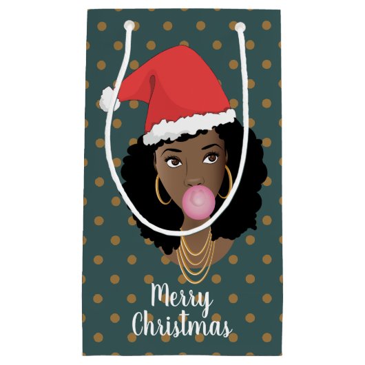 クリスマスサンタハット、黒人女性、ガム、暗いティール（緑がかった色） スモールペーパーバッグ (正面)