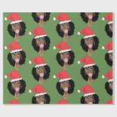 クリスマスサンタハット、黒人女性、バブルガムグリーン ラッピングペーパー (フラット)