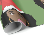 クリスマスサンタハット、黒人女性、バブルガムグリーン ラッピングペーパー (ロールコーナー)