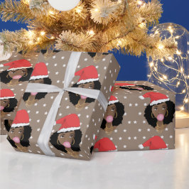 クリスマスサンタハット、黒人女性、バブルガム、星 ラッピングペーパー