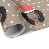 クリスマスサンタハット、黒人女性、星、ブラウン ラッピングペーパー (ロールコーナー)