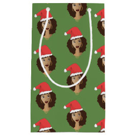 クリスマスサンタハット、黒人女性、緑 スモールペーパーバッグ