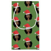 クリスマスサンタハット、黒人女性、緑 スモールペーパーバッグ (裏面)