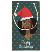 クリスマスサンタハット、黒人女性、茶色のドット、ティール(緑がかった色) スモールペーパーバッグ (裏面)