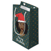 クリスマスサンタハット、黒人女性、茶色のドット、ティール(緑がかった色) スモールペーパーバッグ (正面アングル)