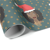 クリスマスサンタハット、黒人女性、茶色のドット、ティール（緑がかった色） ラッピングペーパー (ロールコーナー)