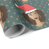 クリスマスサンタハット、黒人女性、茶色のドット、ティール（緑がかった色） ラッピングペーパー (ロールコーナー)
