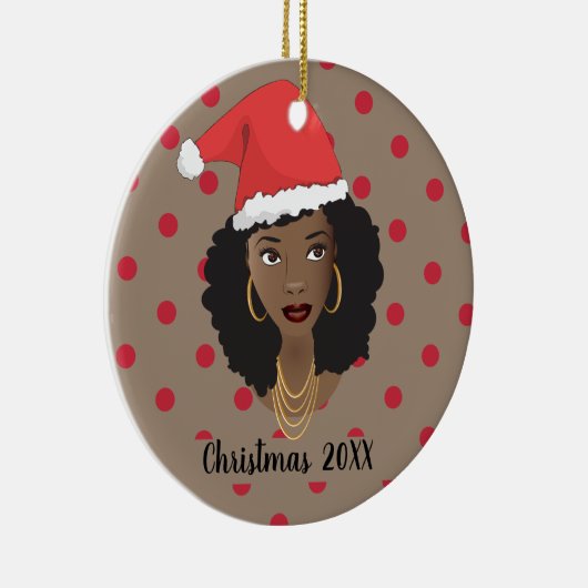 クリスマスサンタハット、黒人女性、赤いドット、ブラウン セラミックオーナメント (右)