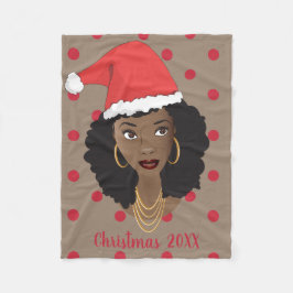 クリスマスサンタハット、黒人女性、赤いドット、ブラウン フリースブランケット
