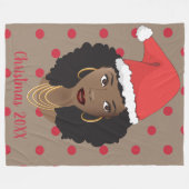クリスマスサンタハット、黒人女性、赤いドット、ブラウン フリースブランケット (正面(横))