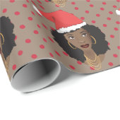 クリスマスサンタハット、黒人女性、赤いドット、ブラウン ラッピングペーパー (ロールコーナー)