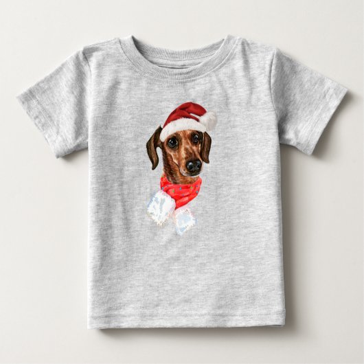 クリスマスサンタハットTシャツを着たダシュント犬 ベビーTシャツ (正面)