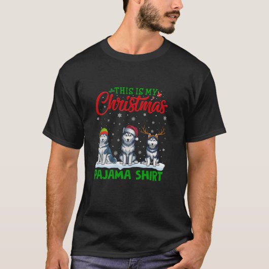 クリスマスサンタハトレンデアシベリアハスキードッグクリスチム Tシャツ (正面)
